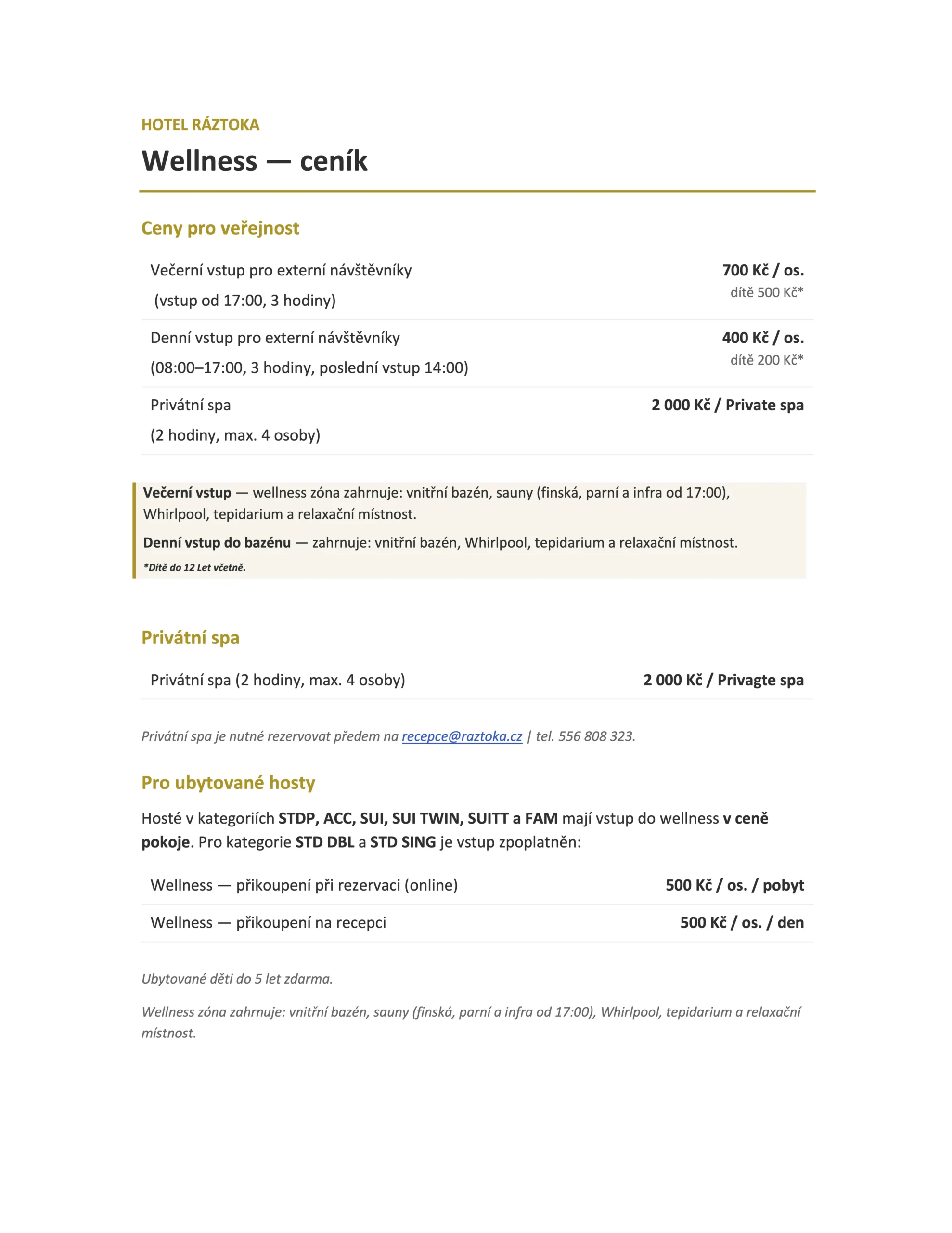 Ceník wellness Hotel Ráztoka