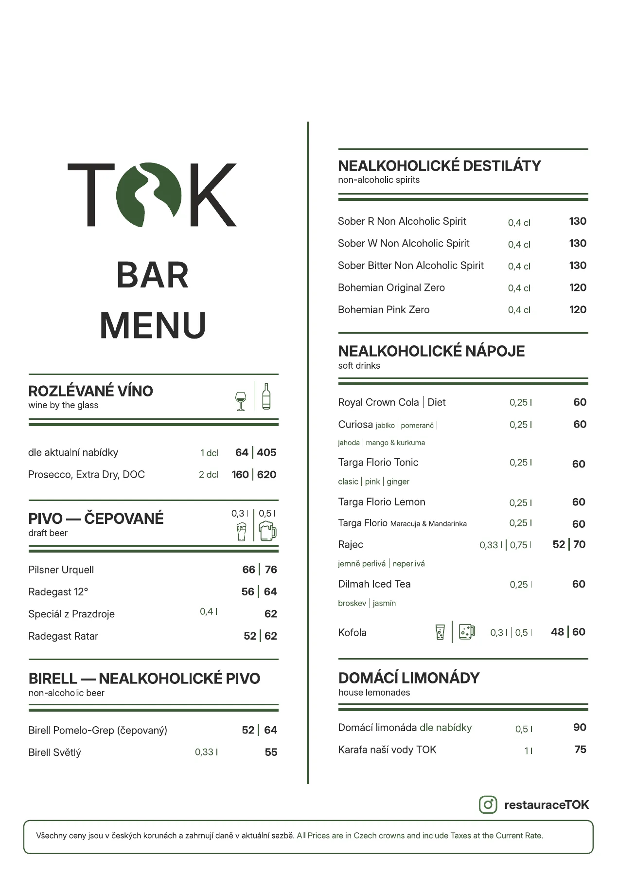 Nápojový lístek Restaurace TOK – strana 1